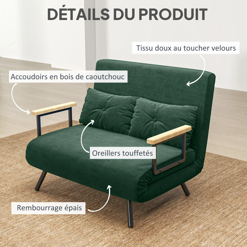 HOMCOM Canapé convertible 2 places 4 en 1, canapé-lit avec dossier réglable sur 5 niveaux, 2 coussins, 102 x 73 x 81 cm, vert