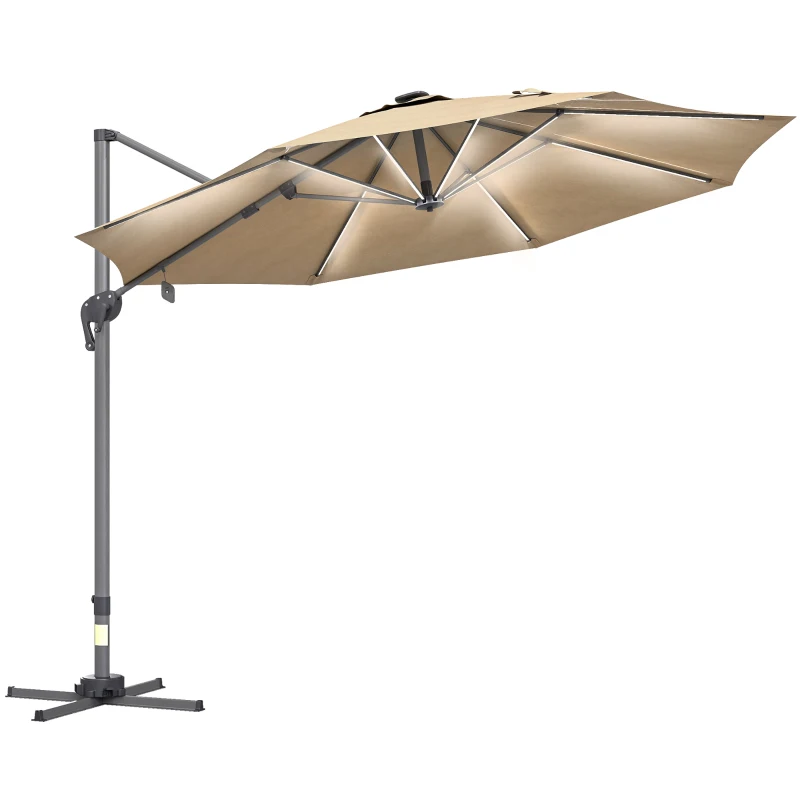 Outsunny Parasol déporté octogonal parasol LED solaire inclinable pivotant manivelle piètement aluminium dim. Ø 3 x 2,55H m beige