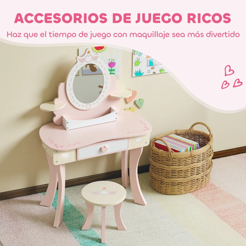 AIYAPLAY Tocador para Niñas 2 en 1 Escritorio con Taburete Espejo Cajón 7 Accesorios para Niños a Partir de 3 Años Rosa