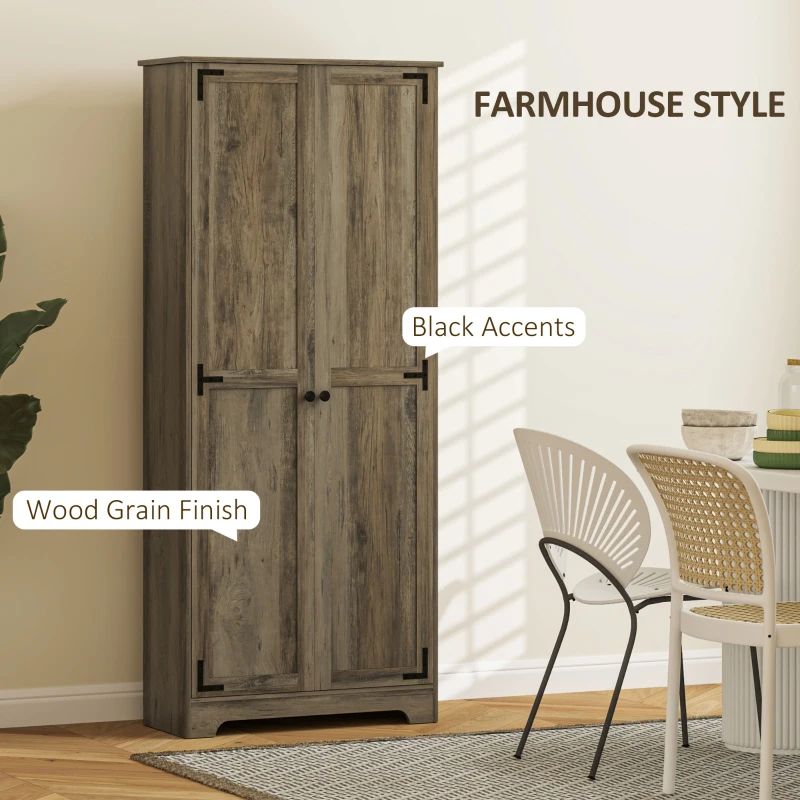 HOMCOM Farmhouse Kitchen Cupboard, Freestanding Kitchen Storage Cabinet with Adjustable Shelves, Tall Storage Cabinet with Recessed Doors, Grey Wood-Effect
