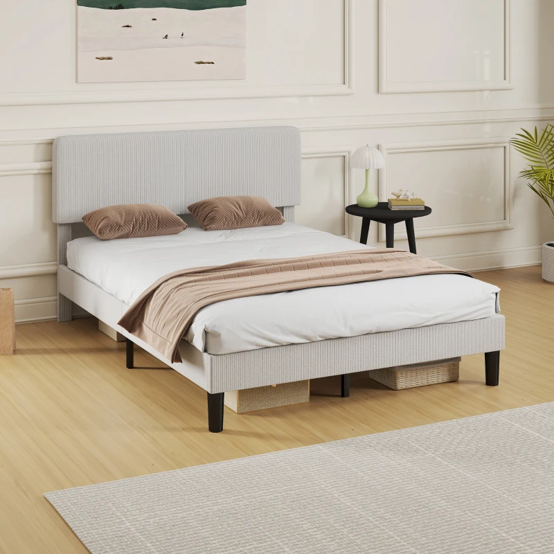 HOMCOM Bettgestell 140x200 cm mit gepolstertem, höhenverstellbarem Kopfteil und Latten, gerippter Samt, Grau