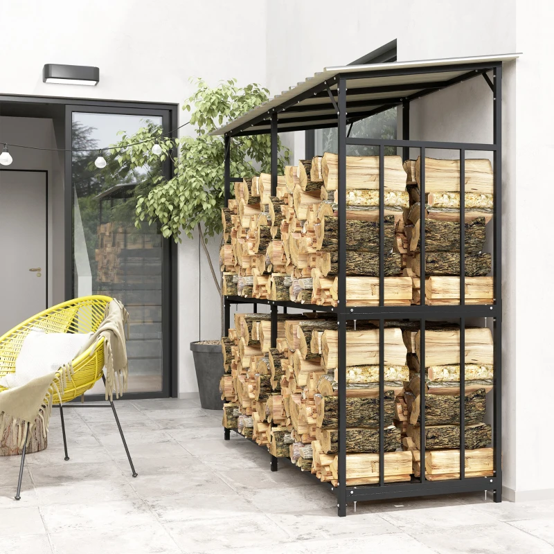 Outsunny Abri à bois en acier galvanisé à 2 niveaux, rack de rangement pour bûches avec toit métal, 186 x 75 x 185 cm