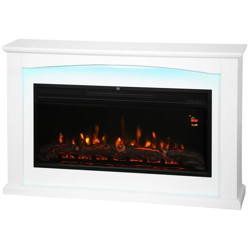 HOMCOM Cheminée électrique 1000W/2000W, fausse cheminée décorative, effet flamme à 5 luminosités réglables, 121x25x77cm, blanc(m-1)