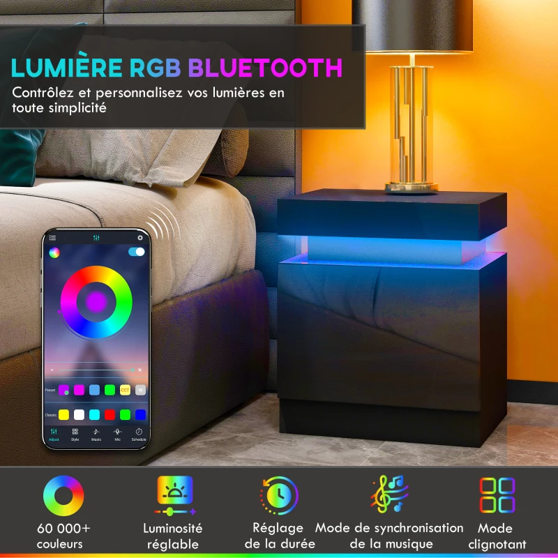 HOMCOM Table de chevet table de nuit lumière LED RVB panneau haute brillance avec 2 tiroirs pour salon chambre à coucher noir