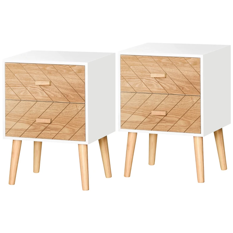 HOMCOM Chevet Table de Nuit Design scandinave 40L x 30l x 56H cm tiroirs Bois Massif pin MDF Blanc et hêtre Motif Graphique
