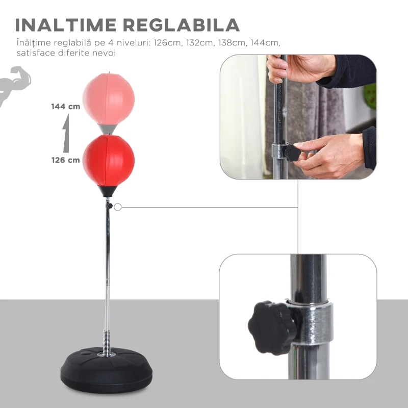 HOMCOM Sac de Frappe sur Pied Punching ball sur pied réglable en hauteur 126-144 cm avec gants, pompe et base de lestage pour adolescents et débutants rouge