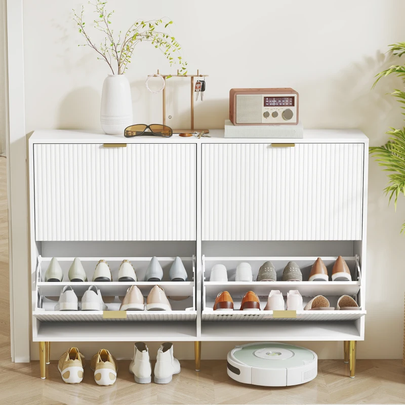 HOMCOM Zapatero Estrecho con 4 Puertas Acanaladas con Estantes Ajustables para 20 Pares de Zapatos 105x24x91,5 cm Blanco