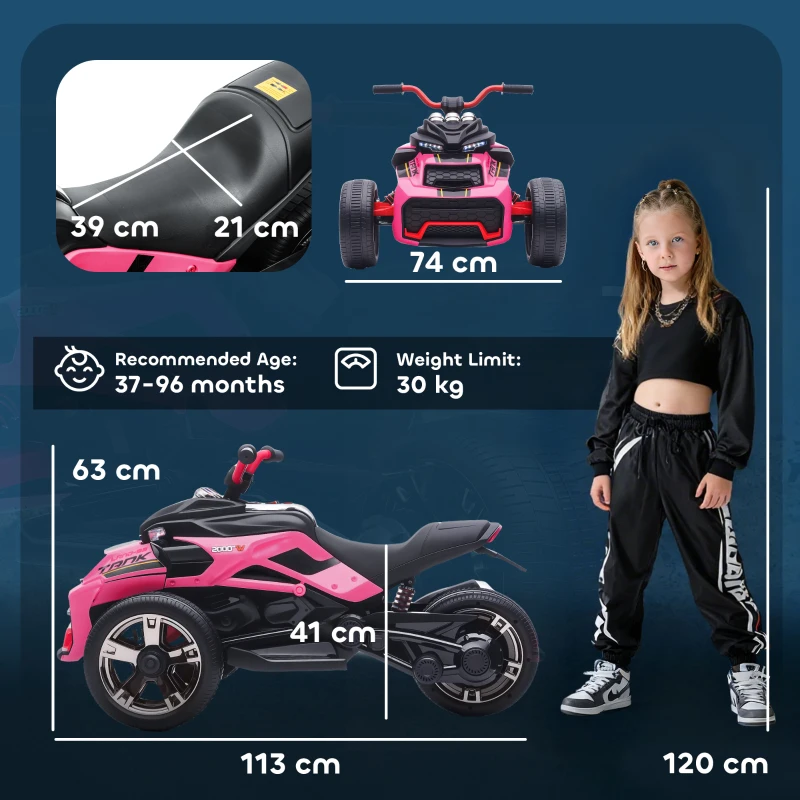 AIYAPLAY 12V Kids Electric Ride On Car with 3 Wheeler, MP3 Player, Horn, 2 Speeds, LED Lights for Boys & Girls Ages 3-8, Pink