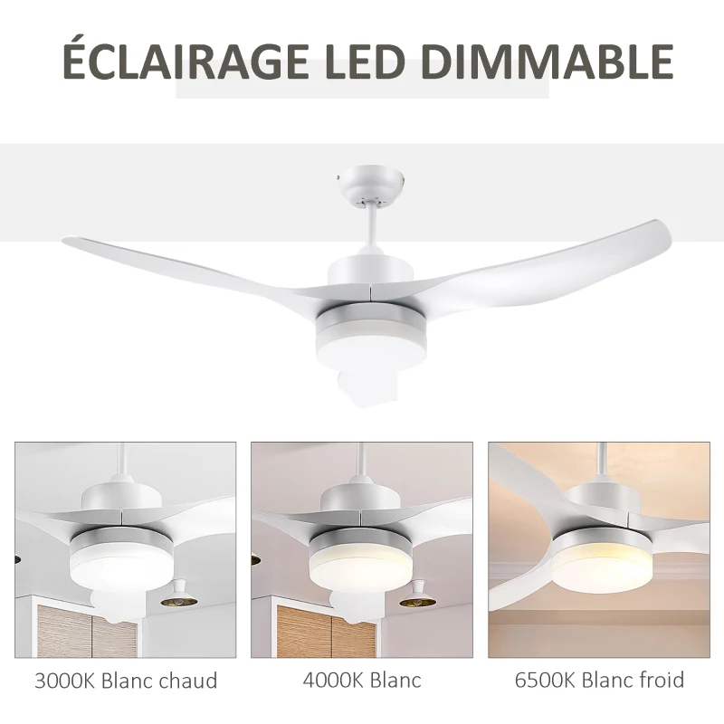 HOMCOM Ventilateur plafond avec lumière et télécommande 20,5 W, 6 vitesses 3 couleurs d'éclairage et minuterie, 132 cm, blanc