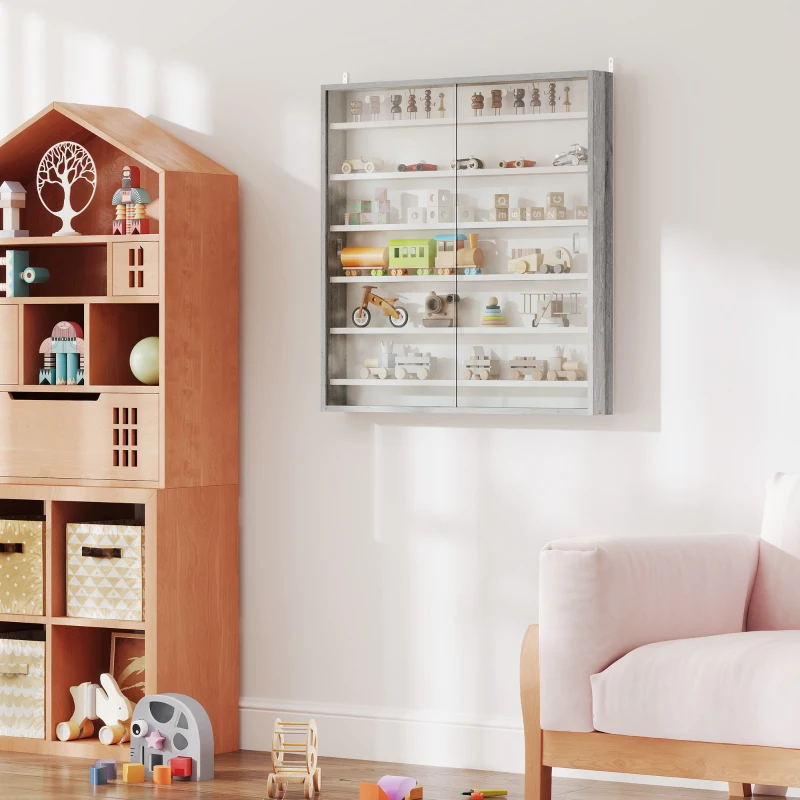 HOMCOM Six Shelf Display Cabinet, with Glass Doors - Graphite Wood Effect