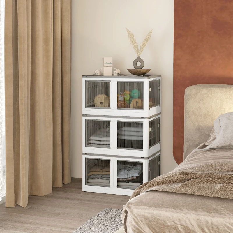 HOMCOM Boîtes de rangement pliables et empilables 69L en plastique avec couvercle et 4 roulettes, accès à 5 côtés, blanc