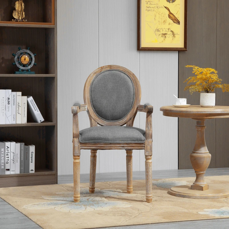 HOMCOM Chaise de Salle à Manger Chaise de Salon médaillon Style Louis XVI Bois Massif patiné sculpté Tissu Lin Gris