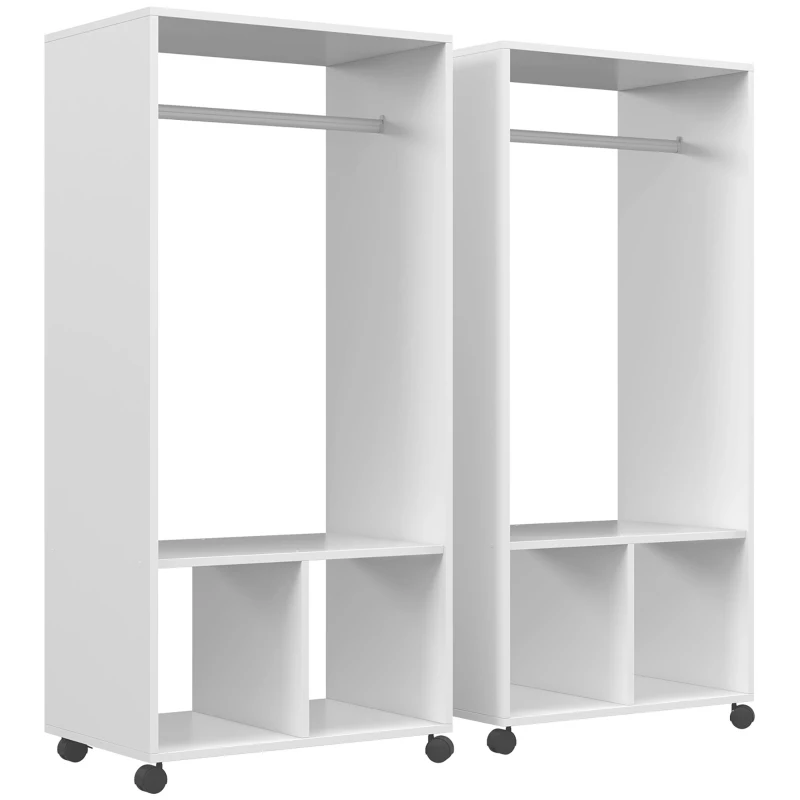 HOMCOM Lot de 2 portants à vêtements penderie mobile avec roulettes 2 niches + Grand Espace penderie en bois Blanc