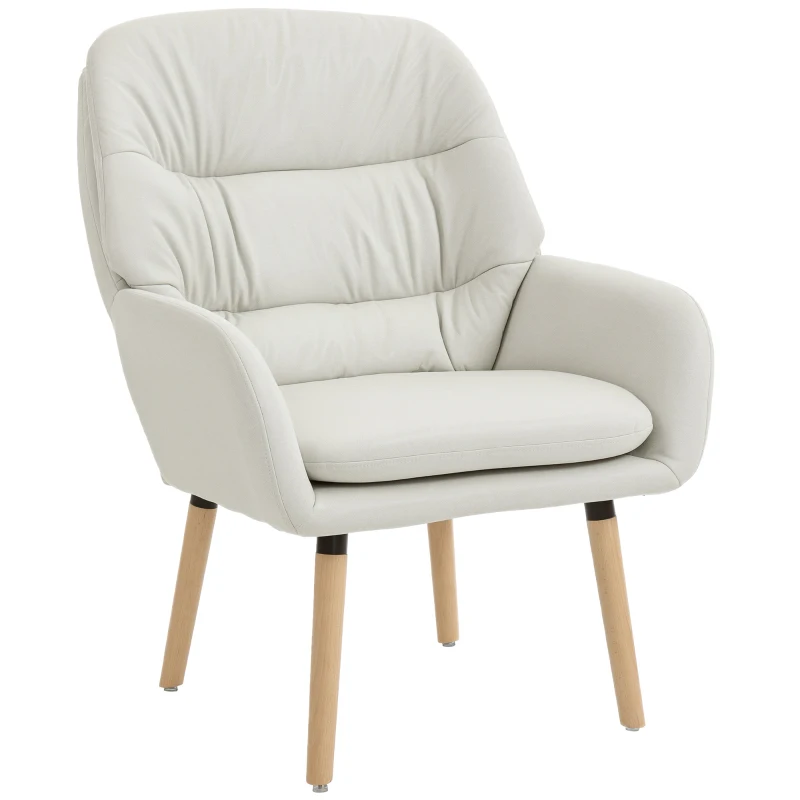 HOMCOM Sillón de Salón Moderno Acolchado de Doble Capa Tapizado en Cuero Sintético Patas de Madera 68x74x89 cm Crema