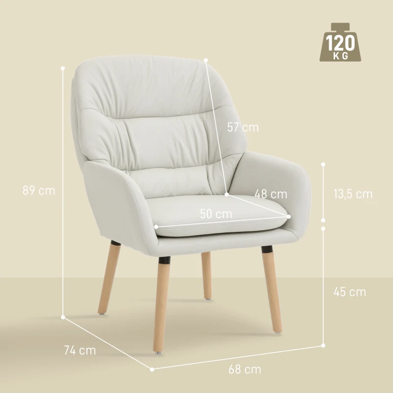 HOMCOM Sillón de Salón Moderno Acolchado de Doble Capa Tapizado en Cuero Sintético Patas de Madera 68x74x89 cm Crema