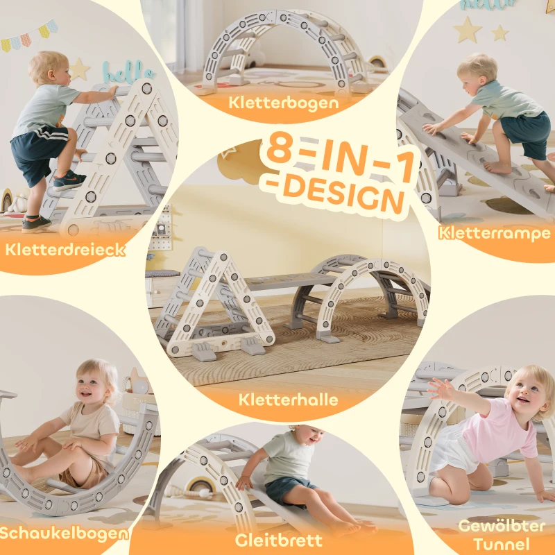 AIYAPLAY 5 in 1 Klettergerüst Montessori Indoor, Kletterdreieck mit Rutsche, Kletterbogen, doppelseitige Rampe, Spielplatz Indoor für Kinder 18-48 Monate, Grau+Weiß