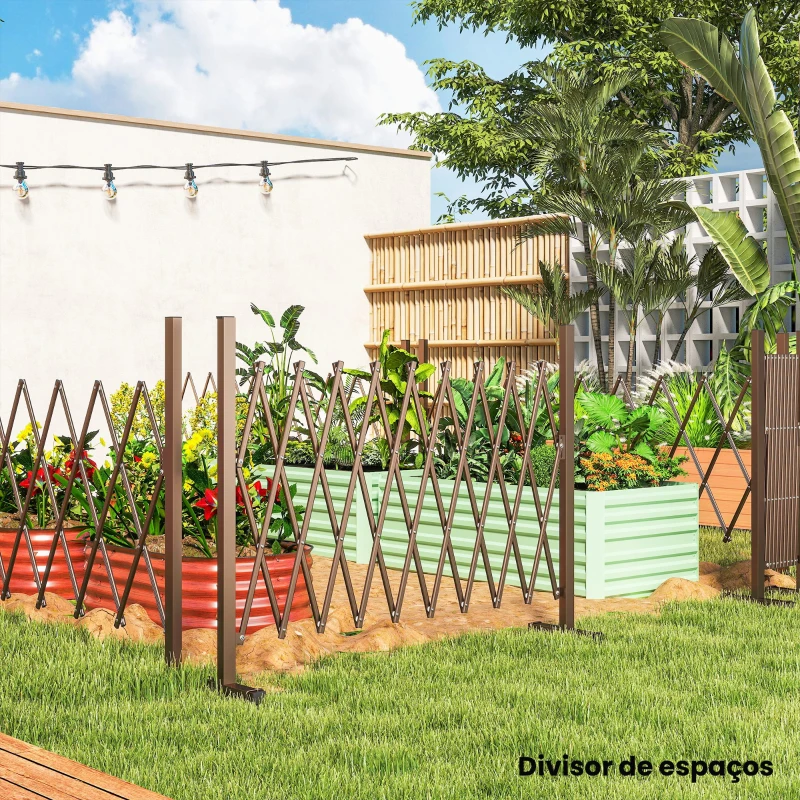 Outsunny Cerca de Jardim em Liga de Alumínio Barreira de Exterior Extensível Cerca de Jardim Metálica 250x31x103,5 cm Marrom