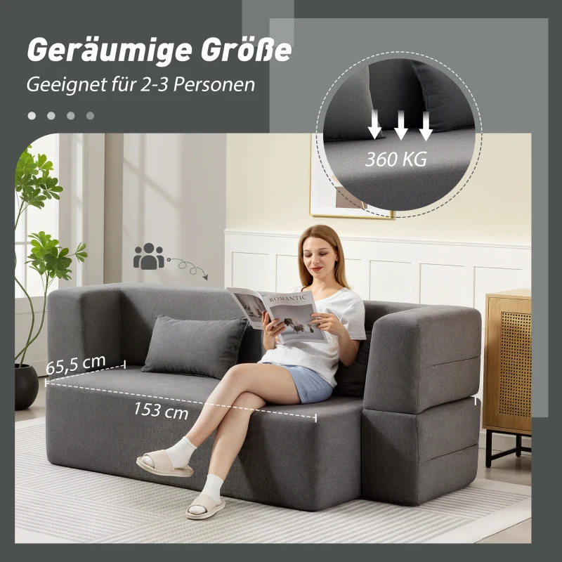 HOMCOM 2-Sitzer-Schlafsofa aus Schaumstoff, Schlafcouch mit breiten Armlehnen, 2 Kissen, 360 kg Belastbarkeit, Grau