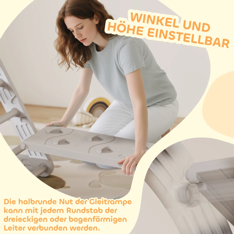 AIYAPLAY 5 in 1 Klettergerüst Montessori Indoor, Kletterdreieck mit Rutsche, Kletterbogen, doppelseitige Rampe, Spielplatz Indoor für Kinder 18-48 Monate, Grau+Weiß