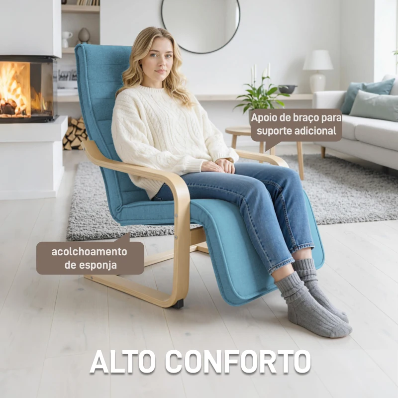 HOMCOM Poltrona Relax com Apoio para os Pés Ajustáveis Poltrona Estofada em Tecido com Estrutura de Madeira 66,5x94x100 cm Azul