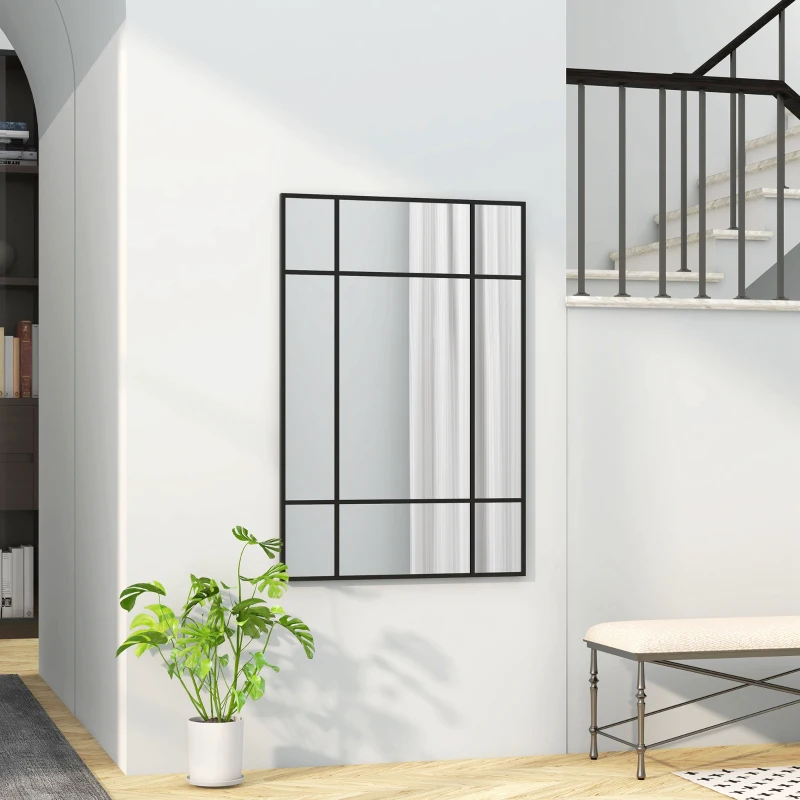 HOMCOM Miroir mural verrière rectangulaire style fenêtre, horizontal ou vertical avec 4 crochets, en métal noir - 90x60 cm