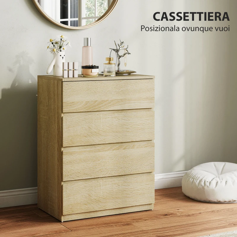 HOMCOM Cassettiera 4 Cassetti in Legno con Guide in Metallo e Maniglie Scanalate, 60x40x80 cm, color Faggio