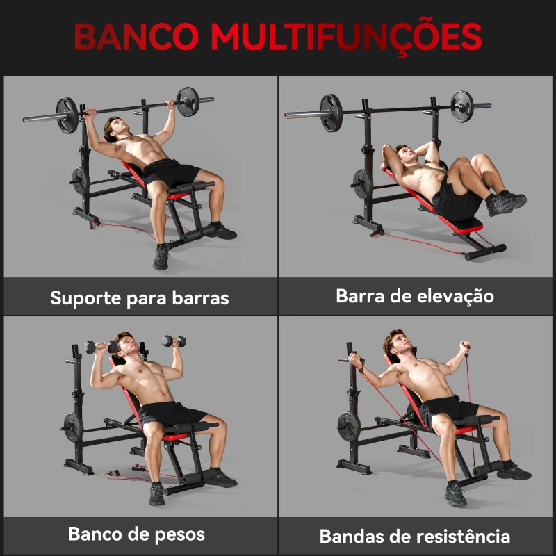 SPORTNOW Banco de Musculação Multifuncional Carga 420 kg Com Suporte para Barras e Encosto Ajustável 147x109x122 cm Preto