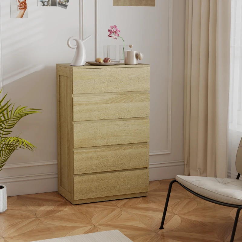 HOMCOM Cassettiera 5 Cassetti in Legno con Guide in Metallo e Maniglie Scanalate, 60x39x100 cm, color Faggio