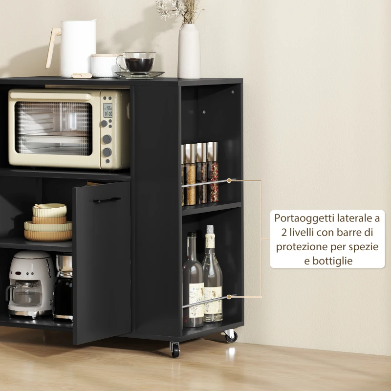HOMCOM Carrello Cucina in Legno con Ripiano Aperto, Armadietto e Scaffale Laterale, 75x40x80.5 cm, Nero