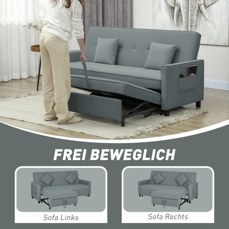 HOMCOM Sofabett, verstellbare 3-Sitzer-Couch mit Bettfunktion, Schlafsofa mit ausziehbarem Bett, Kissen, Grau