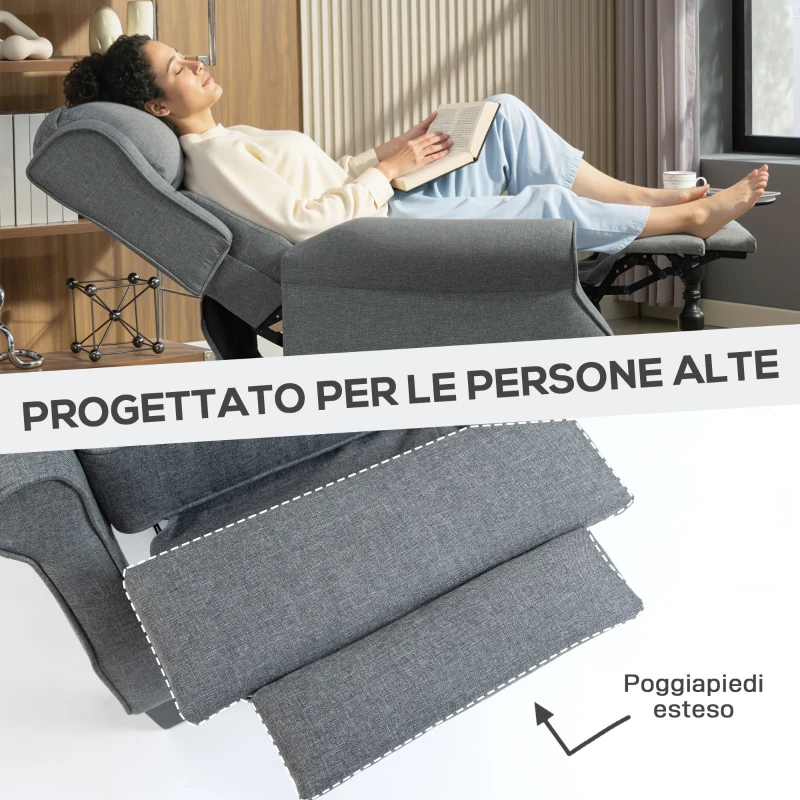 HOMCOM Poltrona Reclinabile 132° max in Tessuto Effetto Lino con Poggiapiedi, 74x84x102 cm, Grigio