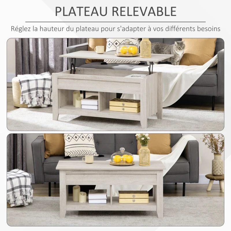 HOMCOM Table basse plateau relevable, table de salon avec étagères et compartiment caché,105 x 50 x 49-62,5 cm pour salon, chambre, aspect chêne clair