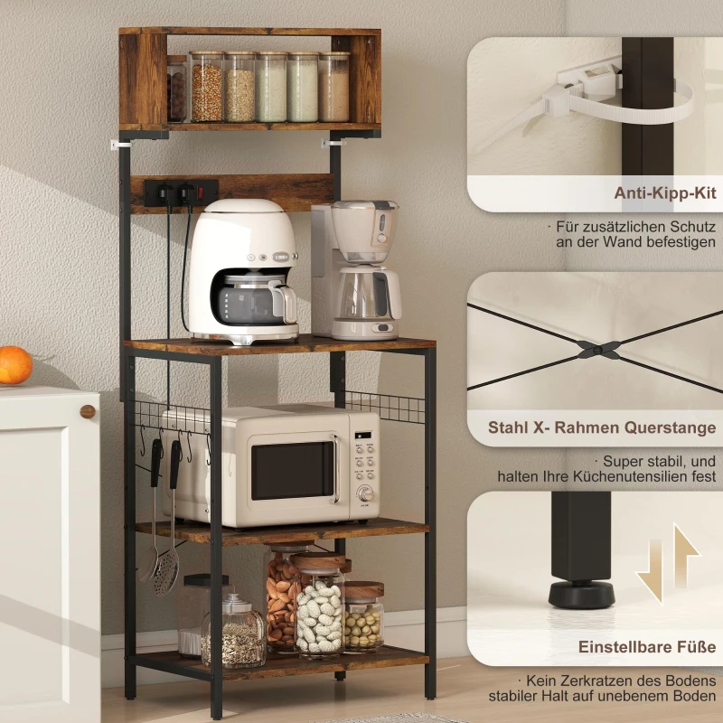 HOMCOM Küchenregal, Standregal mit 5 S-Haken, 5 Ablagen, Steckdose, aus Stahl, Rustikal-Braun, 60 x 42 x 153 cm