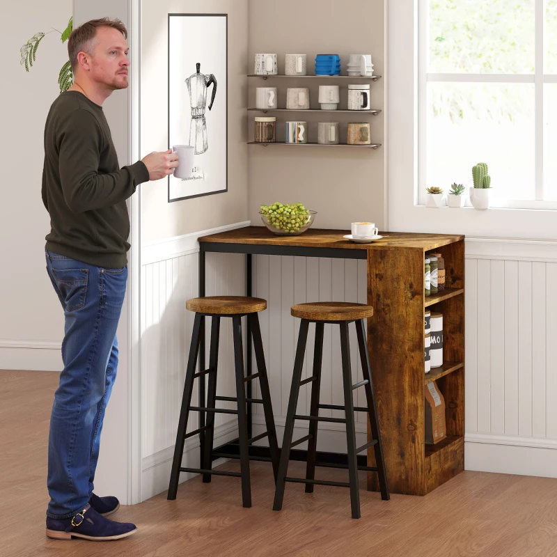 HOMCOM Set da Pranzo con Bancone Bar con 3 Ripiani e 2 Sgabelli Alti con Poggiapiedi Stile Industriale, Marrone