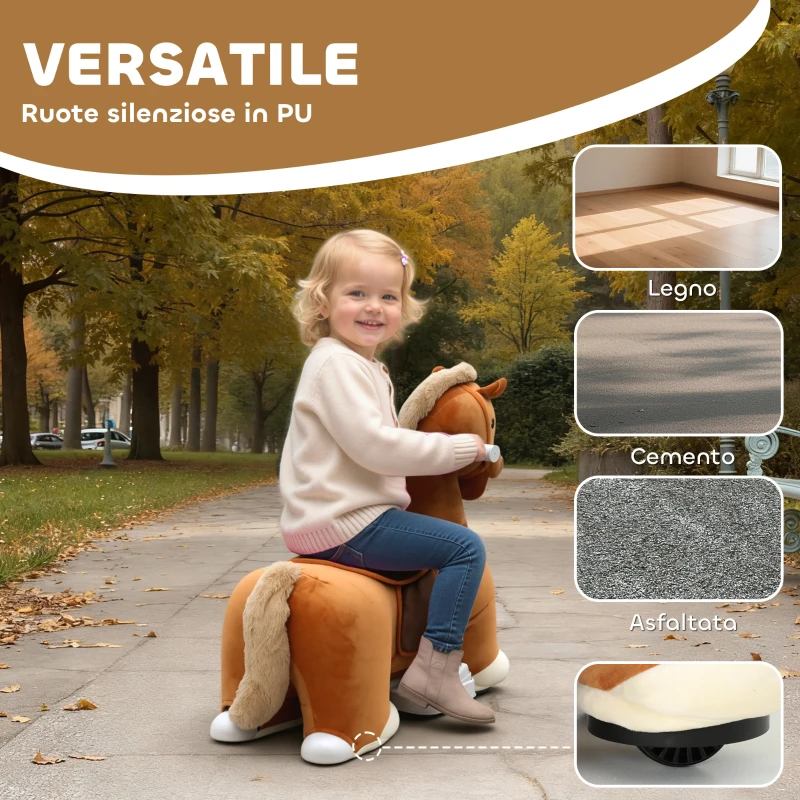 AIYAPLAY Cavallo Elettrico per Bambini con Pedali, Rotelle e Suoni, in Peluche e Metallo, 74x34x51 cm, Marrone