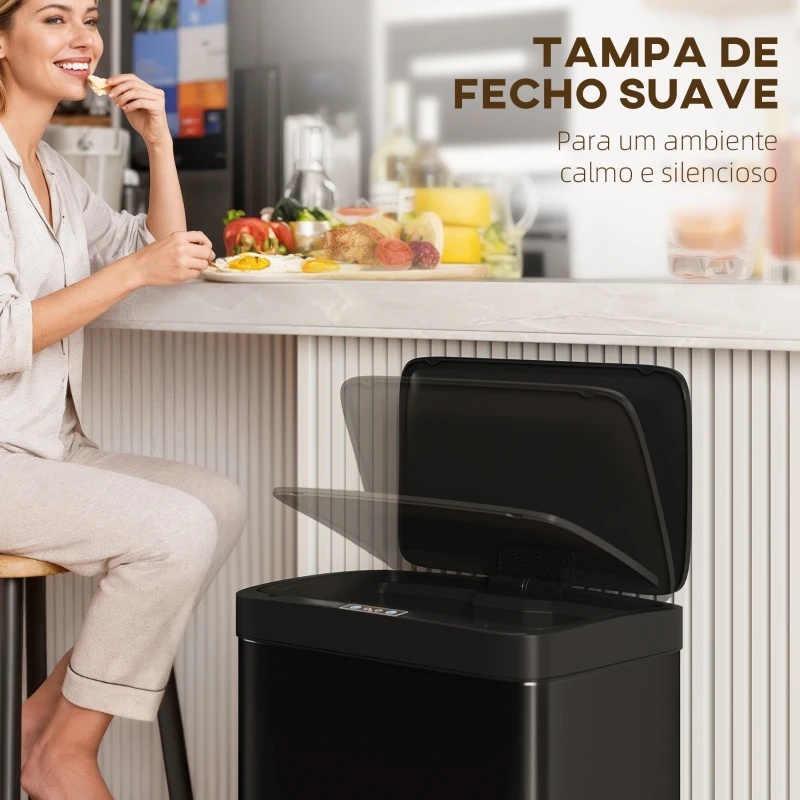 HOMCOM Balde do Lixo de Cozinha Automático 45 L com Sensor Infravermelho Fecho Suave 38x25,5x67,5 cm Preto