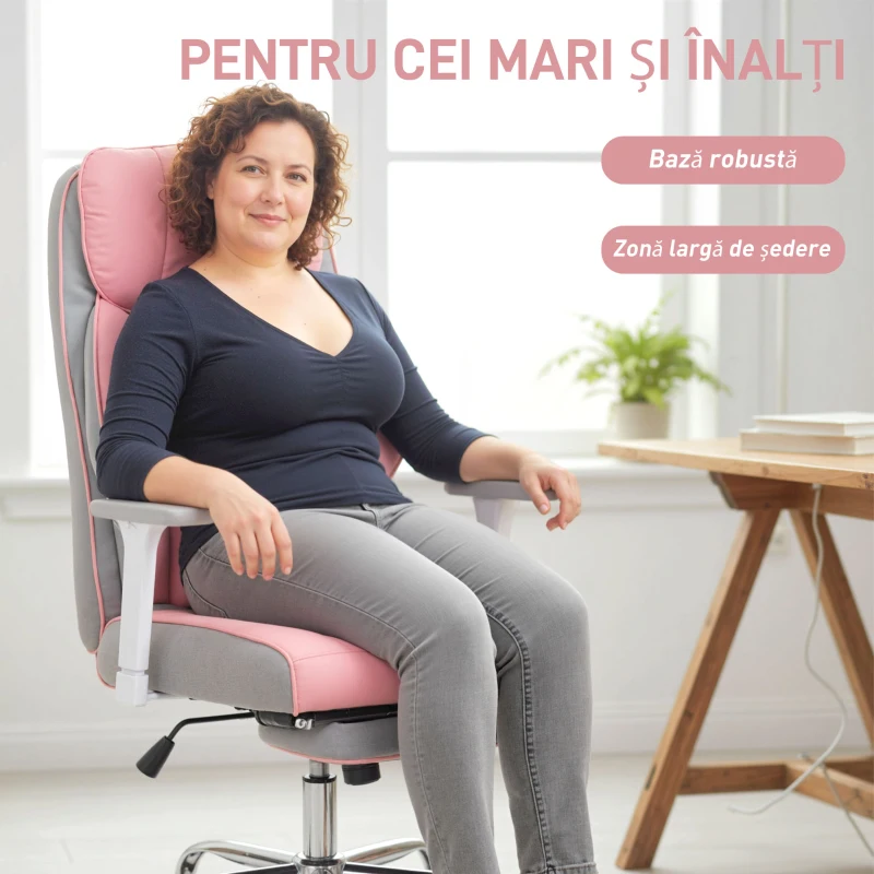 HOMCOM Scaun de birou ergonomic cu brațe reglabile, suport pentru picioare și tetieră, roz