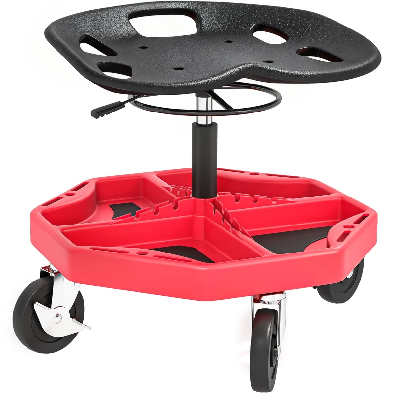 HOMCOM Banco de Oficina Móvel com Bandeja Magnética Altura Ajustável de 52–59,5 cm Carga 135 kg Banco para Mecânico com Rodas para Garagem Reparação de Automóveis Vermelho