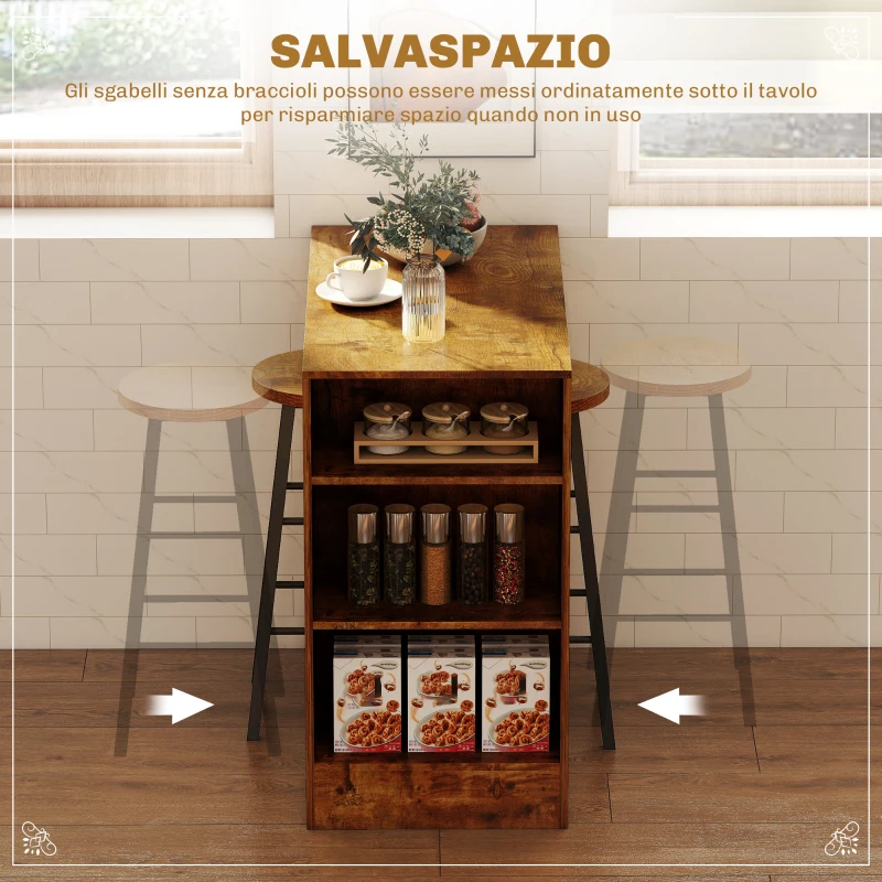 HOMCOM Set da Pranzo con Bancone Bar con 3 Ripiani e 2 Sgabelli Alti con Poggiapiedi Stile Industriale, Marrone