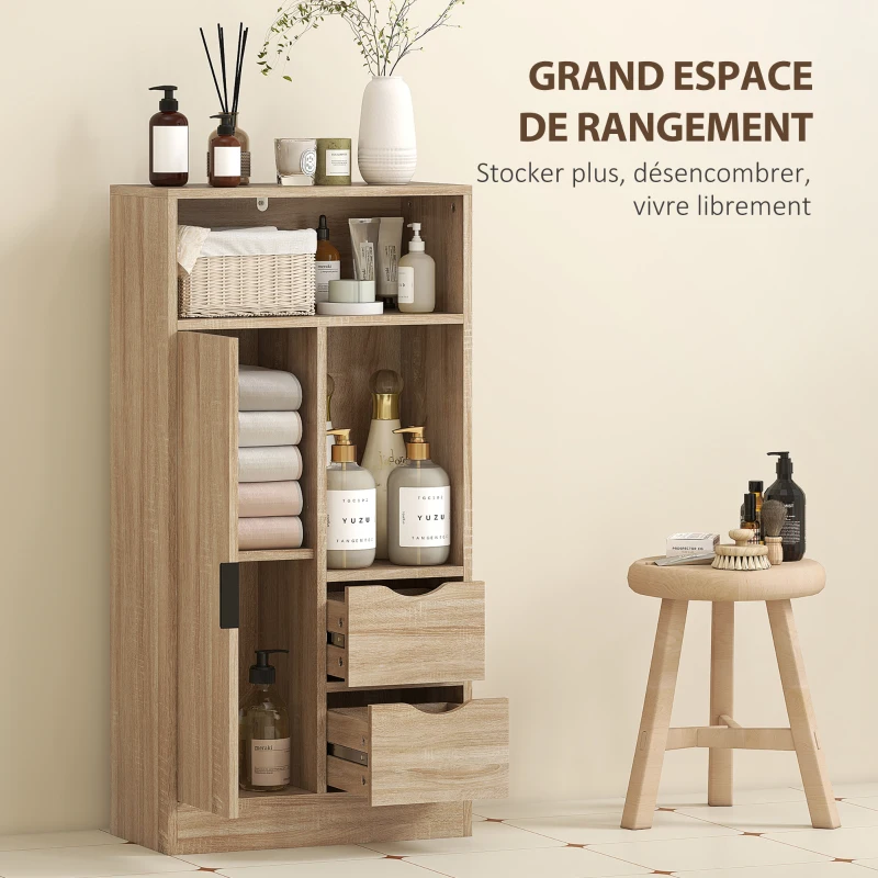 HOMCOM Meuble de salle de bain, meuble de rangement étroit avec 2 tiroirs, compartiments ouverts, 50x25x100cm, bois naturel
