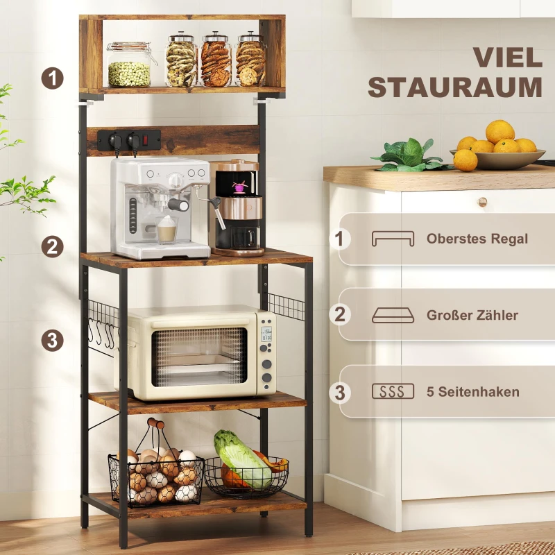 HOMCOM Küchenregal, Standregal mit 5 S-Haken, 5 Ablagen, Steckdose, aus Stahl, Rustikal-Braun, 60 x 42 x 153 cm