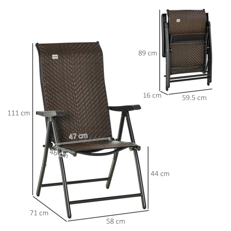 Outsunny Set of Two Folding Garden Chairs, with Seven-Position Adjustable Backs - Brown