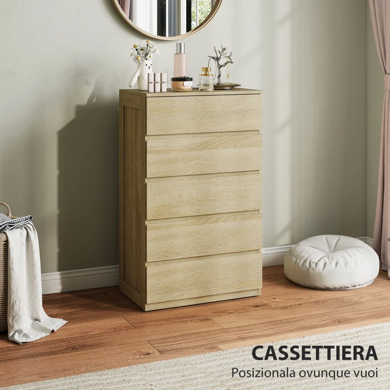 HOMCOM Cassettiera 5 Cassetti in Legno con Guide in Metallo e Maniglie Scanalate, 60x39x100 cm, color Faggio