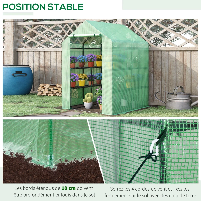 Outsunny Serre de Jardin avec Étagères 3 Niveaux, Petite Serre de Balcon en Bâche PE 140 g/㎡ Renforcée 143 x 138 x 190 cm, Vert