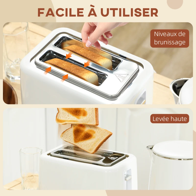 HOMCOM Ensemble bouilloire grille-pain, bouilloire en acier inoxydable 1,5 L et 2200 W et grille-pain à 2 tranches, crème