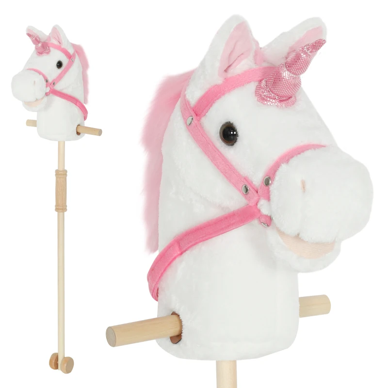 AIYAPLAY Unicorn Stick Horse with Wood Wheels, Real Pony Neighing and Galloping Sounds, Grip Handle, 95 cm, White