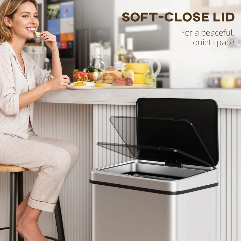 HOMCOM Poubelle de Cuisine Automatique 50 L, Poubelle de Cuisine en Acier Inoxydable avec Capteur Infrarouge, Fermeture Douce, Argent