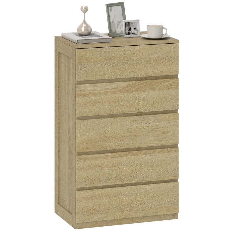 HOMCOM Cassettiera 5 Cassetti in Legno con Guide in Metallo e Maniglie Scanalate, 60x39x100 cm, color Faggio