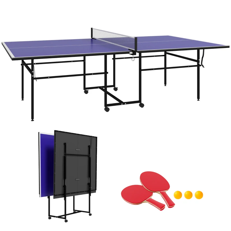 SPORTNOW Mesa de Ping-Pong Plegable con 4 Ruedas Red 2 Palas y 3 Pelotas para Interior y Exterior 274x152,5x75,5 cm Azul