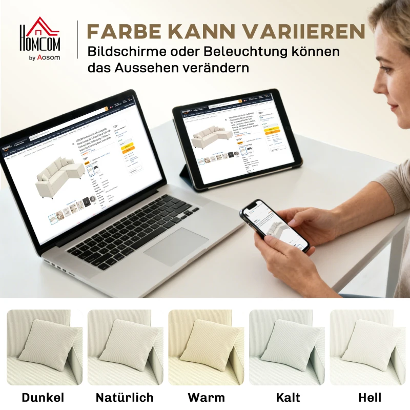 HOMCOM 3-Sitzer-Sofa mit Chaiselongue, Wohnzimmercouch mit Cordbezug, 2 Extra-Kissen, Polstersofa, Cremeweiß(m-7)